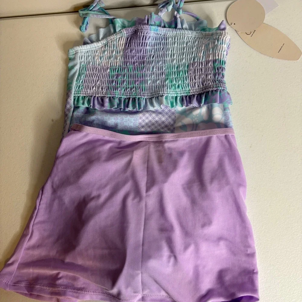 Ocean‎ Pacific Girls Size 5 2 Piece Swimsuit Set Aqua Purple Patchwork Smocked